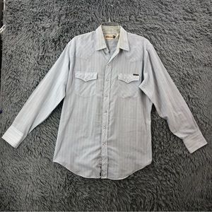 Sears Roebucks Shirt Vintage Mens Large Pearl Snap Blue Striped Long Sleeve